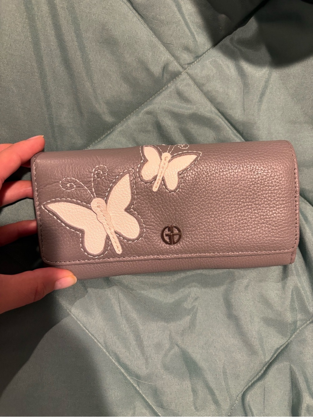 Gray Leather Butterfly Appliqué Wallet